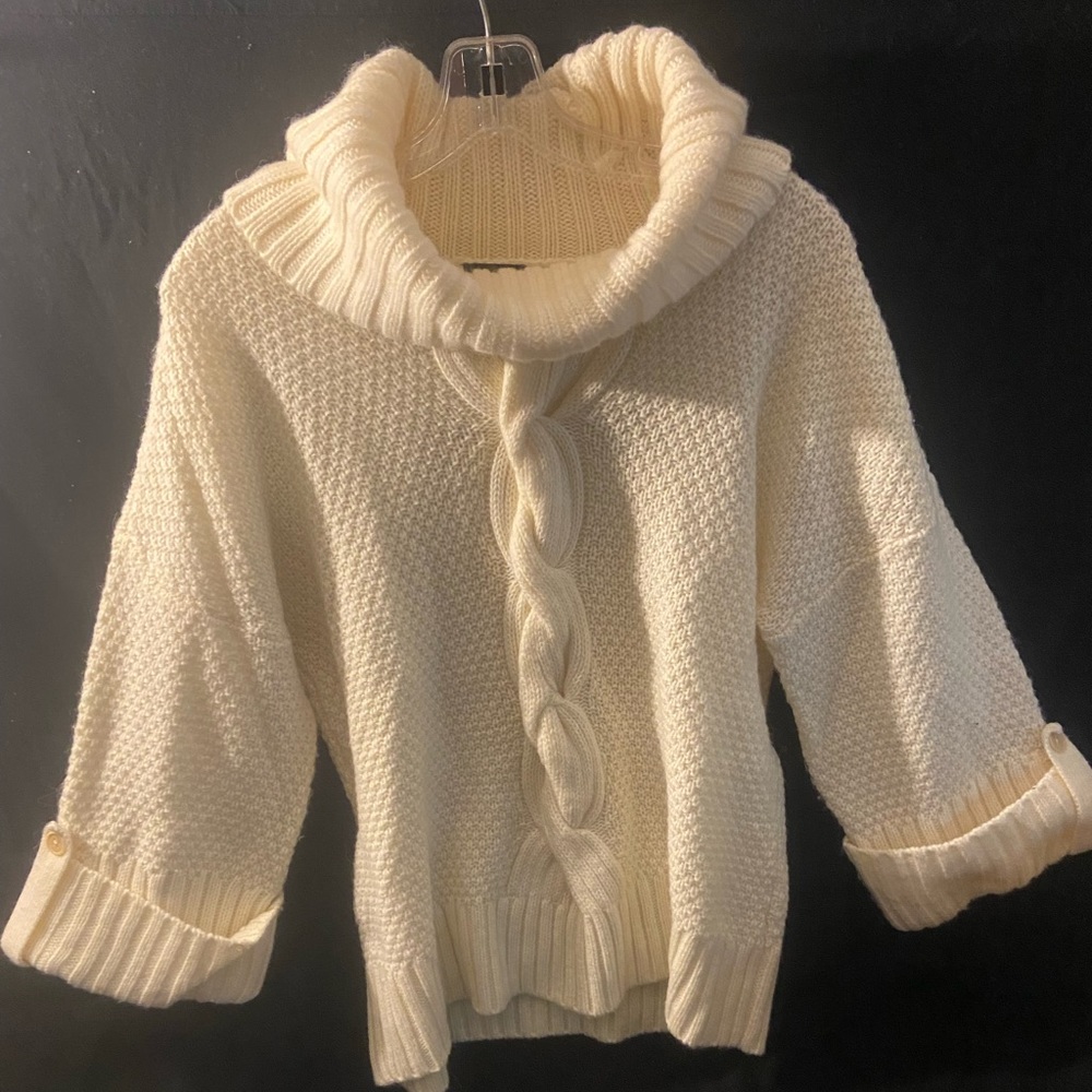 Talbots Womens Wool Cream Beige Cable Knit Cowl Neck Drop Shoulder Sweater